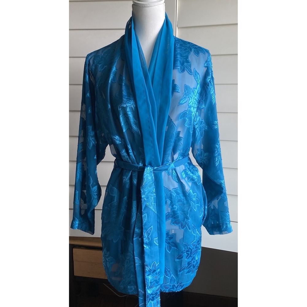 Vtg Victoria's Secret S Short Gold Label Satin Sheer Floral Teal Robe Pockets